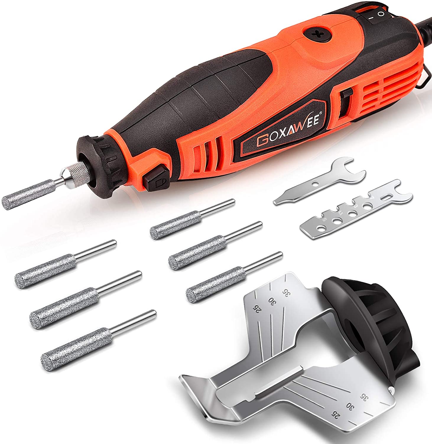 GOXAWEE Chainsaw Sharpener Kit 180W Power Chain Saw Sharpen Tool Set, Electric Blade Sharpening File Comes with 6pcs Diamond Sharpening Wheels, Angle Attachment (5 Speed Setting, 8000~35000 RPM)