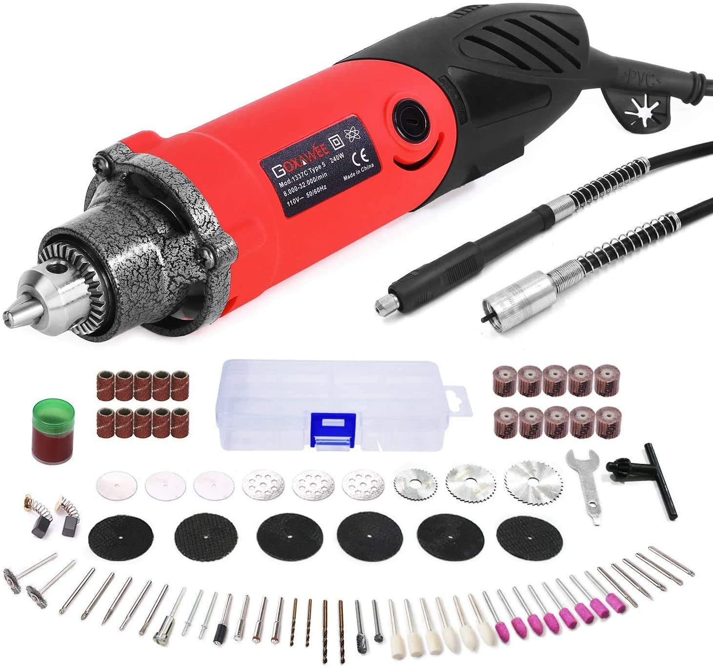 240W Rotary Tool Set, GOXAWEE Power Die Grinder Set with 1/4 Inch 3-Jaw Chuck (0.5-4 mm), 6 Step Variable Speed, Advanced Flex Shaft & 82Pcs Multifunctional Accessories for DIY Projects