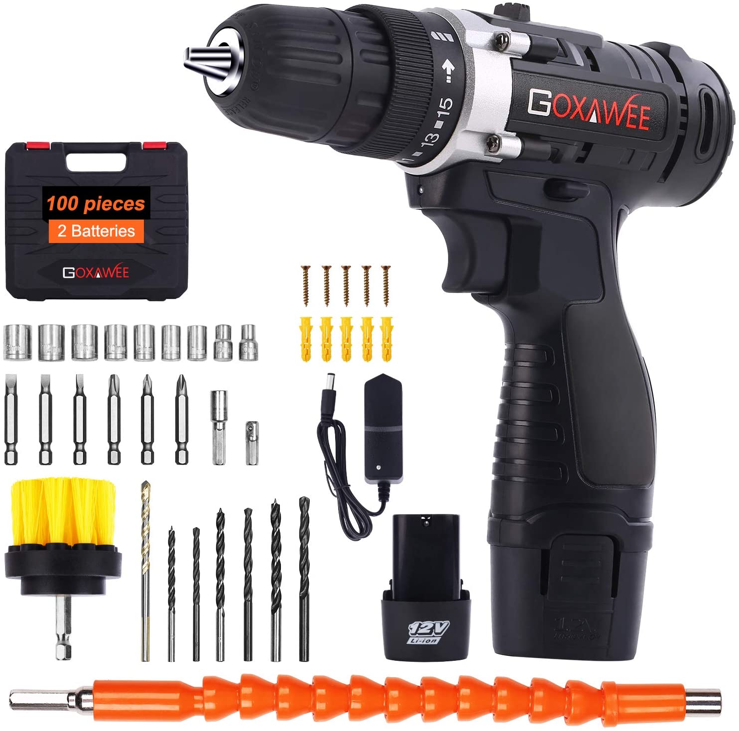 Cordless Drill Driver 12V, GOXAWEE 100Pcs Electric Screwdriver Set (2 Batteries 1500mAh, Max Torque 30Nm, 2-Speed, 10mm Automatic Chuck) for Home Improvement & DIY Project