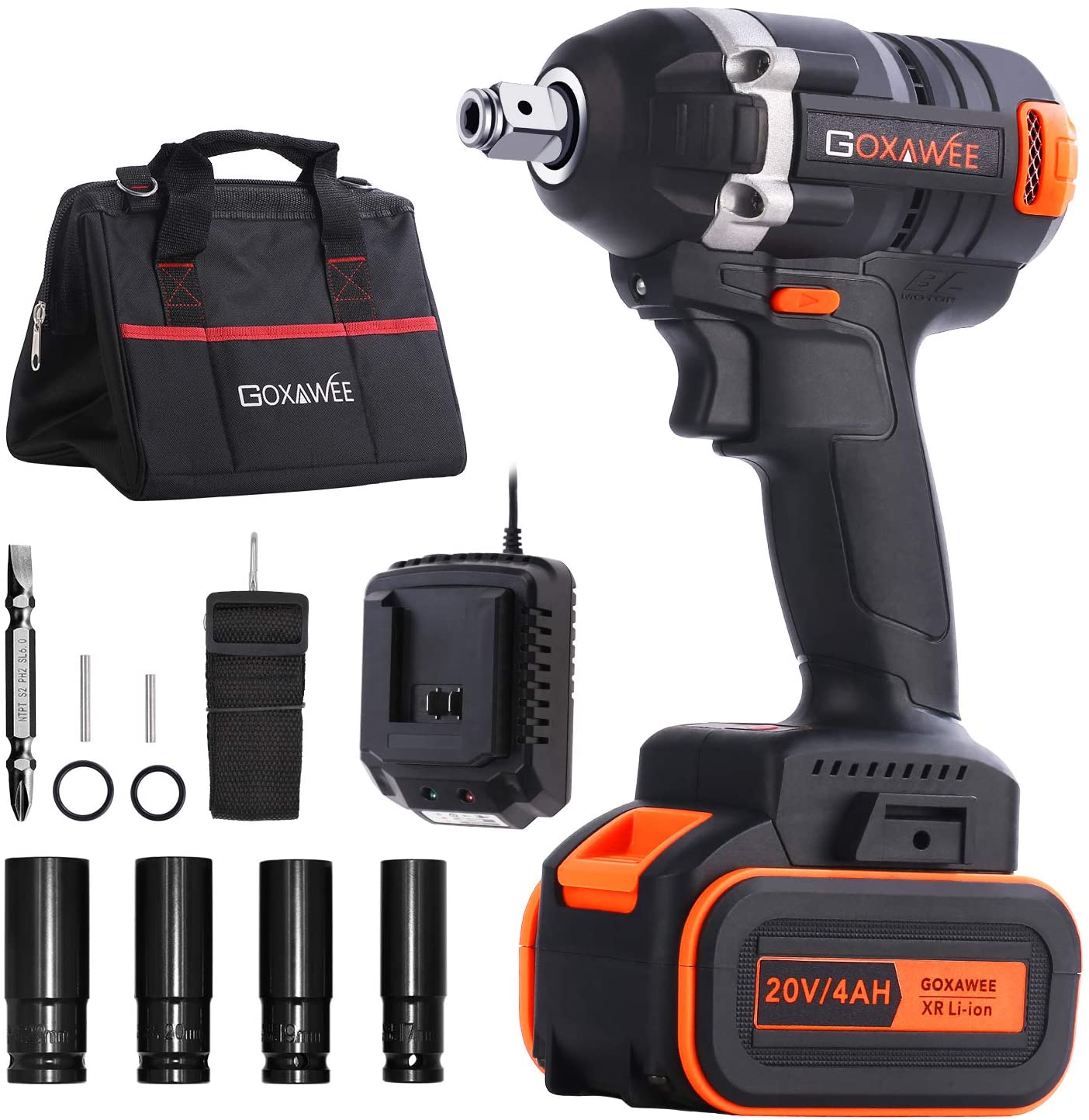 Impact Wrench, GOXAWEE 20V Cordless Impact Driver Set (4.0Ah Lithium Battery, 300Nm/ Brushless/ 2-Speed,12.7mm & 6.35mm Chuck) with 11 Accessories Include Tool Bag