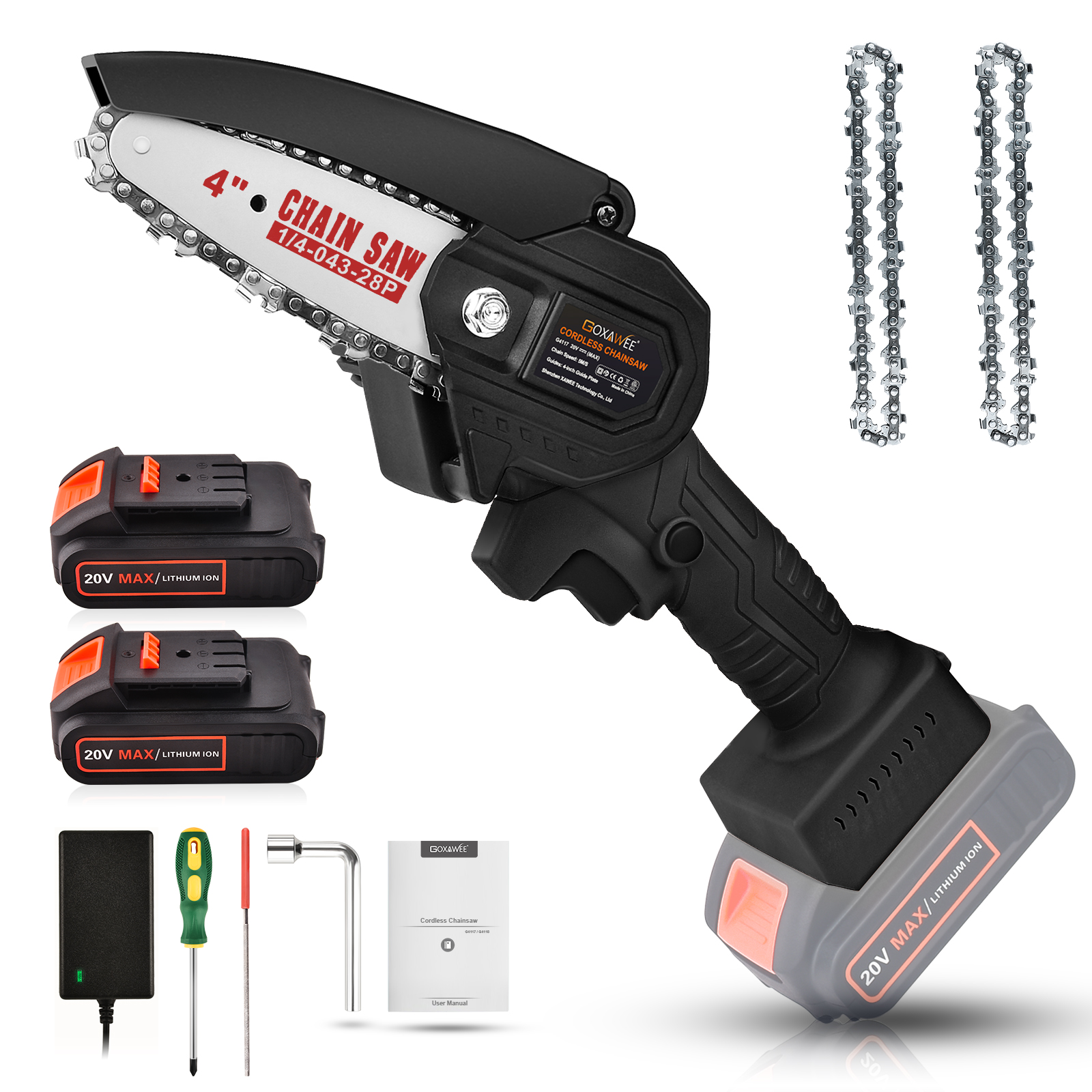 Mini Chainsaw Cordless 20V 4 Inch, GOXAWEE Electric Power Chain Saw with 2pcs Batteries, One-Hand Operated Portable Wood Saw for Farming Tree Limbs, Garden Pruning, Bonsai Trunk, and Firewood