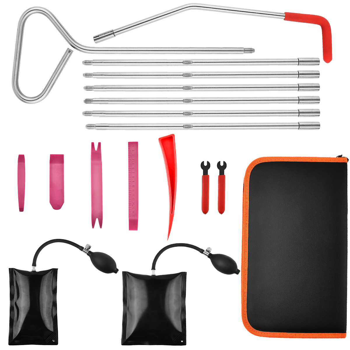 Car Tool Kit 17pcs, GOXAWEE Professional Essential Automotive Tool Set with Non Marring Wedge, Stainless Steel Long Reach Grabber, Air Wedge Pump, for Car Trucks Vehicle